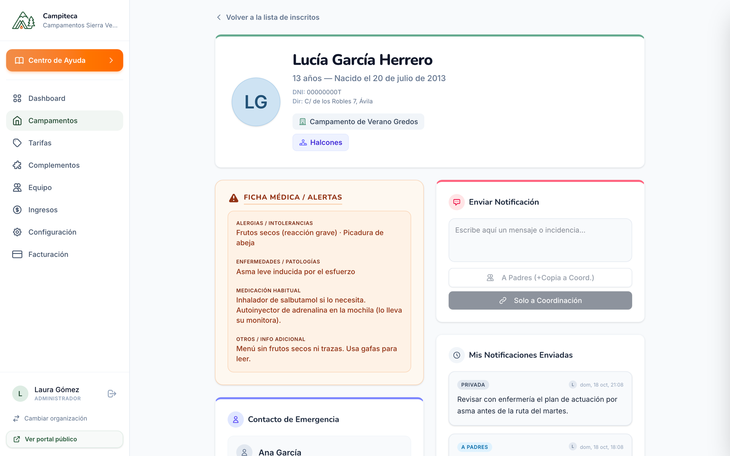 Ficha de un participante con su información sanitaria en Campiteca